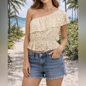 Papaya Cream Lace Off-Shoulder Crop Top | Romantic Summer Boho Blouse | Size M
